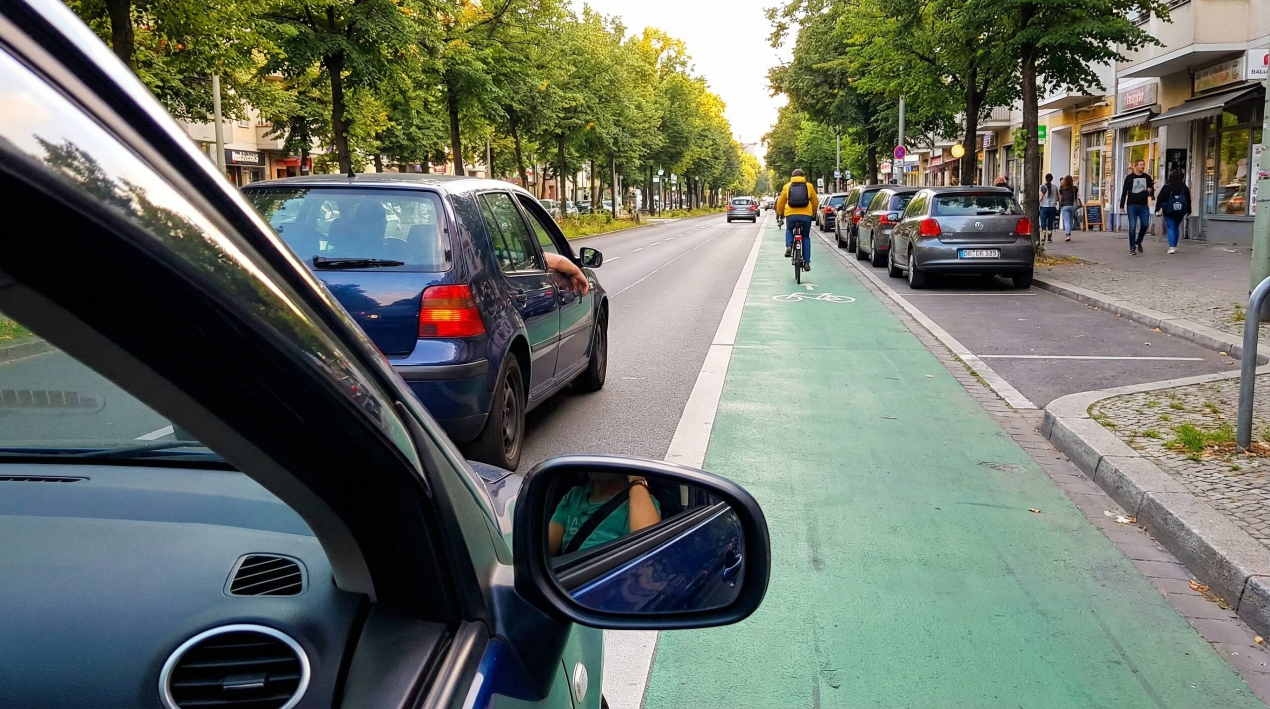 sie suchen nach einer parkmöglichkeit am rechten fahrbahnrand rechts neben ihrer fahrbahn ein radweg